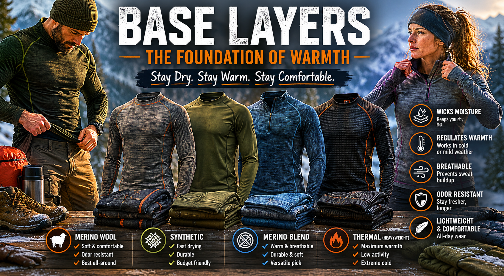Base layer buying guide hero image showing men’s and women’s cold-weather base layers, folded thermal clothing, and winter mountain gear with moisture-wicking, breathability, warmth, and odor-resistance callouts.