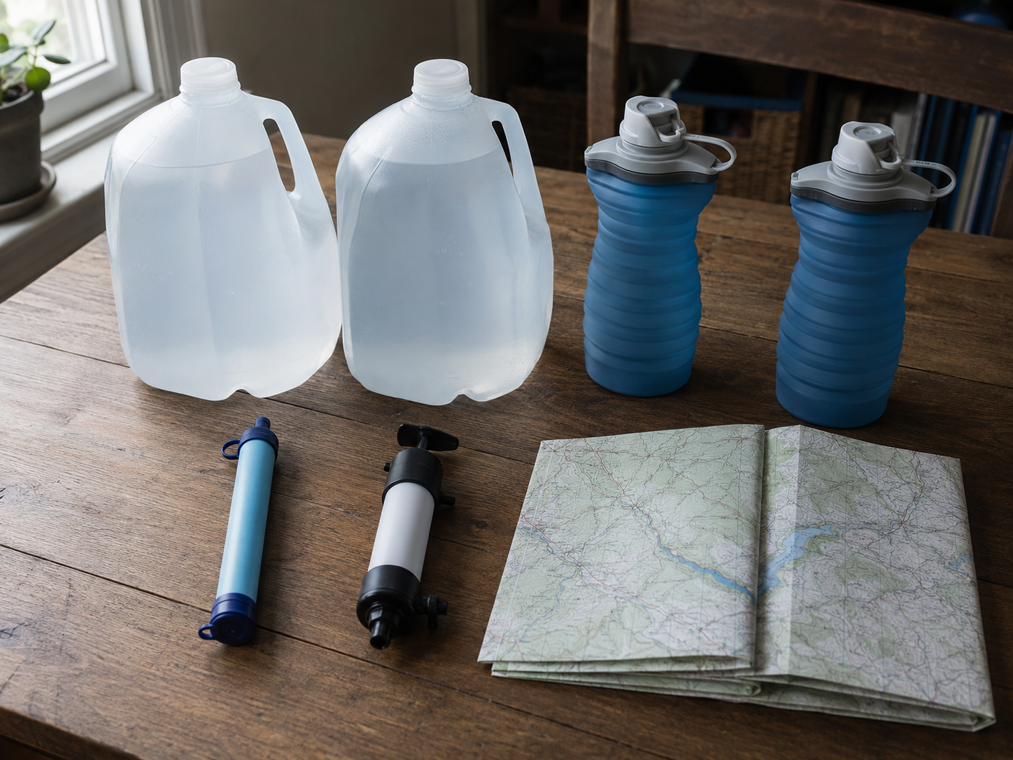 Collapsible water bottles, personal straw filter, and gallon jugs packed in a 72-hour kit