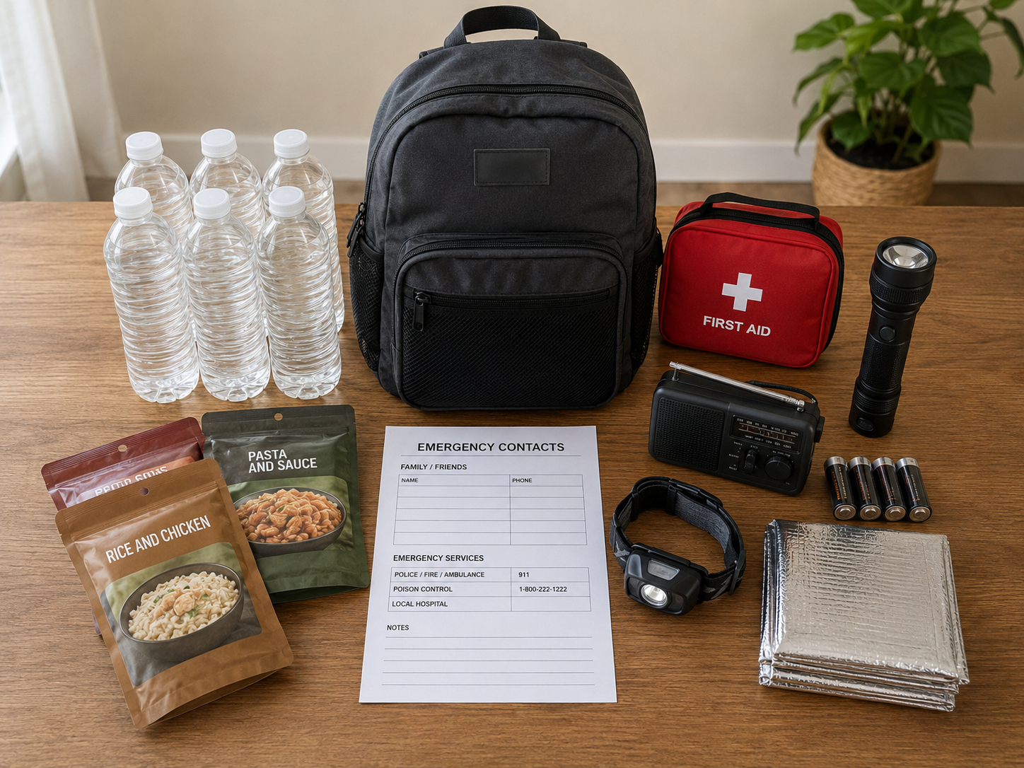A compact emergency kit laid out neatly with first aid, water, flashlight, and documents