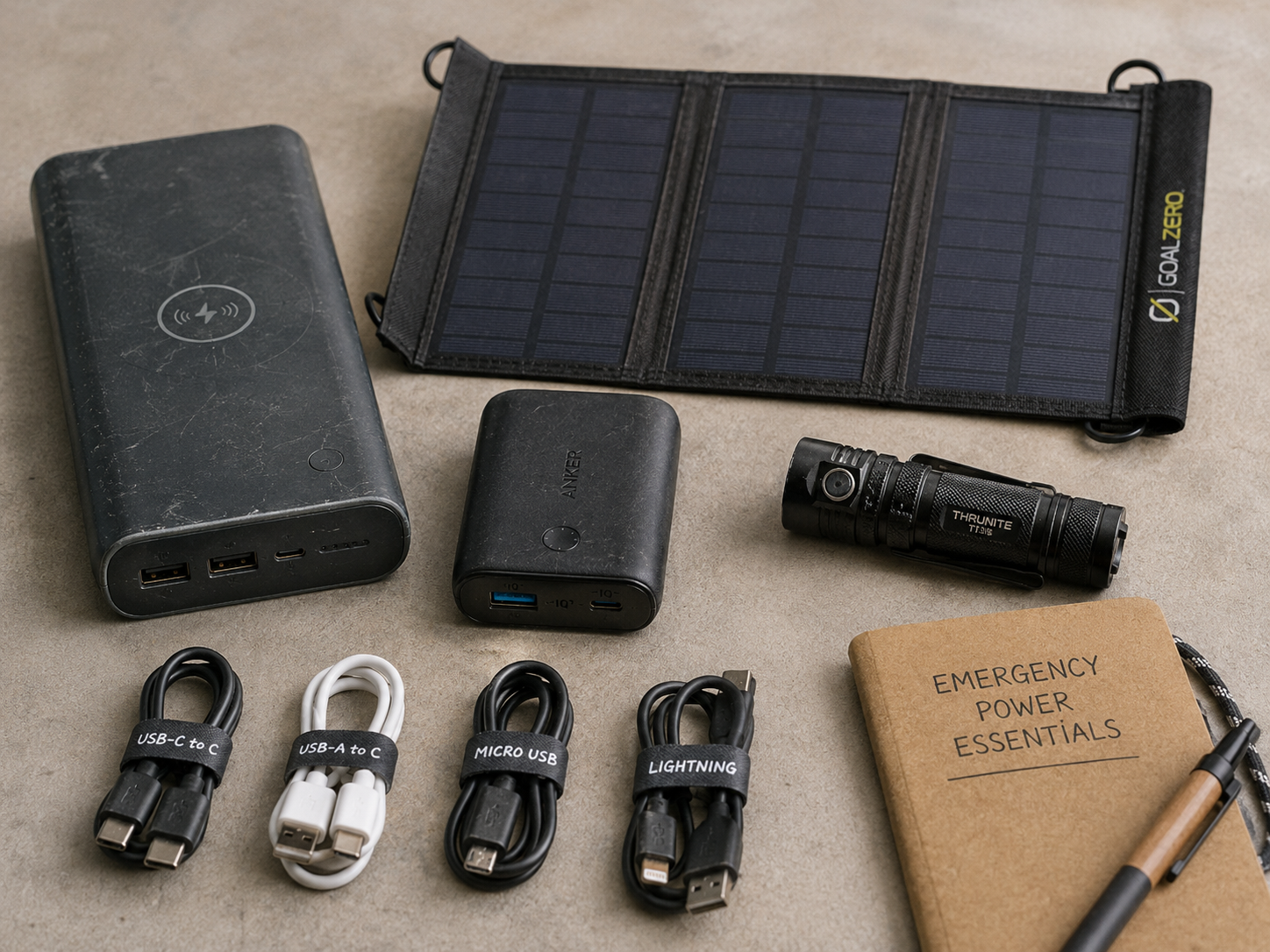 Portable power banks, cables, and a small solar panel on a table