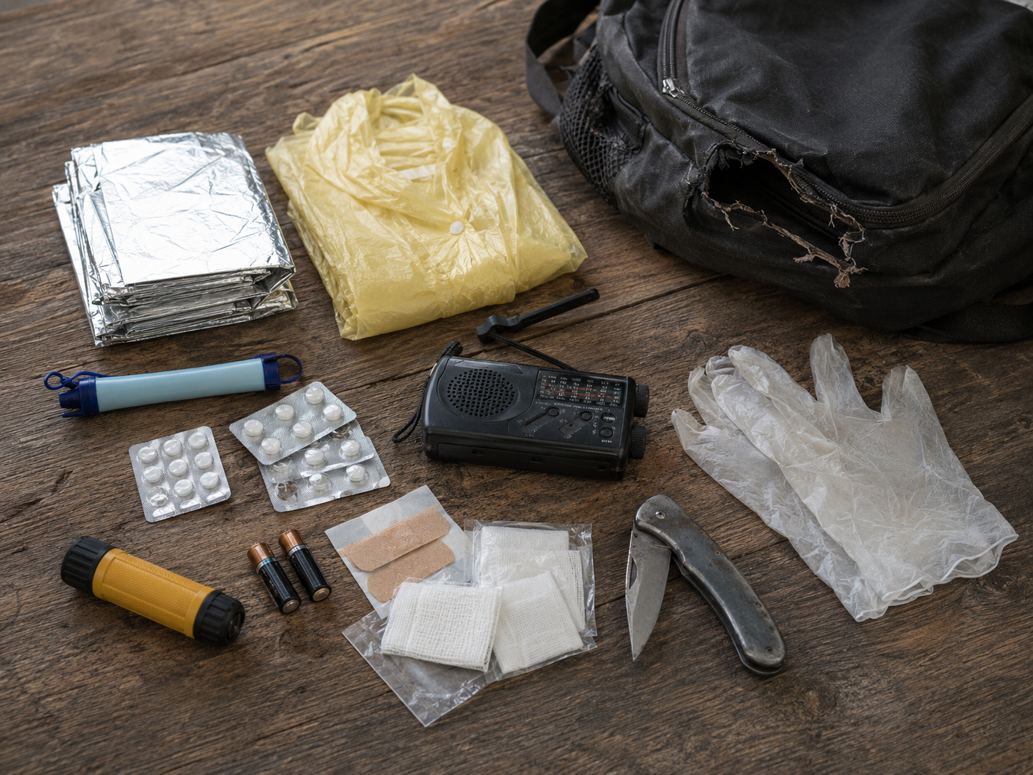 Opened survival kit spread on a table showing small tools, mylar blanket, water tablets, and cheap flashlight
