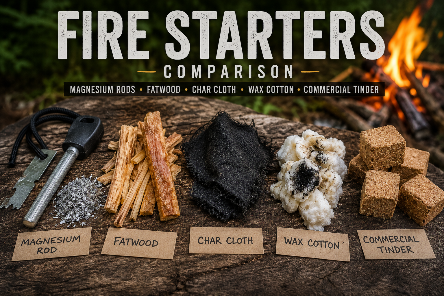 Comparison image of fire starters on a wooden log, showing a magnesium rod with shavings, fatwood sticks, char cloth, wax cotton, and commercial tinder cubes beside a campfire.