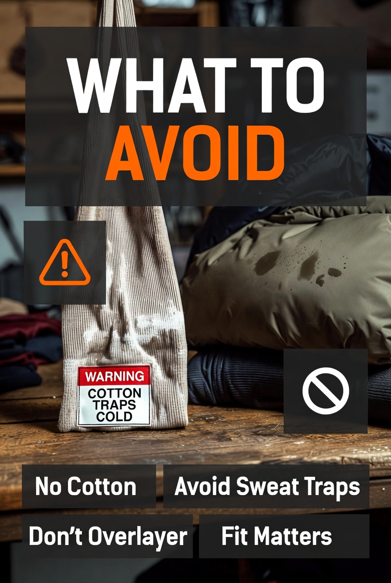 Warning-style infographic showing common base layer mistakes: cotton thermal shirt with red warning tag, bulky layers, damp fabric, and poor fit. Headline reads 'WHAT TO AVOID' with callouts: No Cotton, Avoid Sweat Traps, Don’t Overlayer, Fit Matters.
