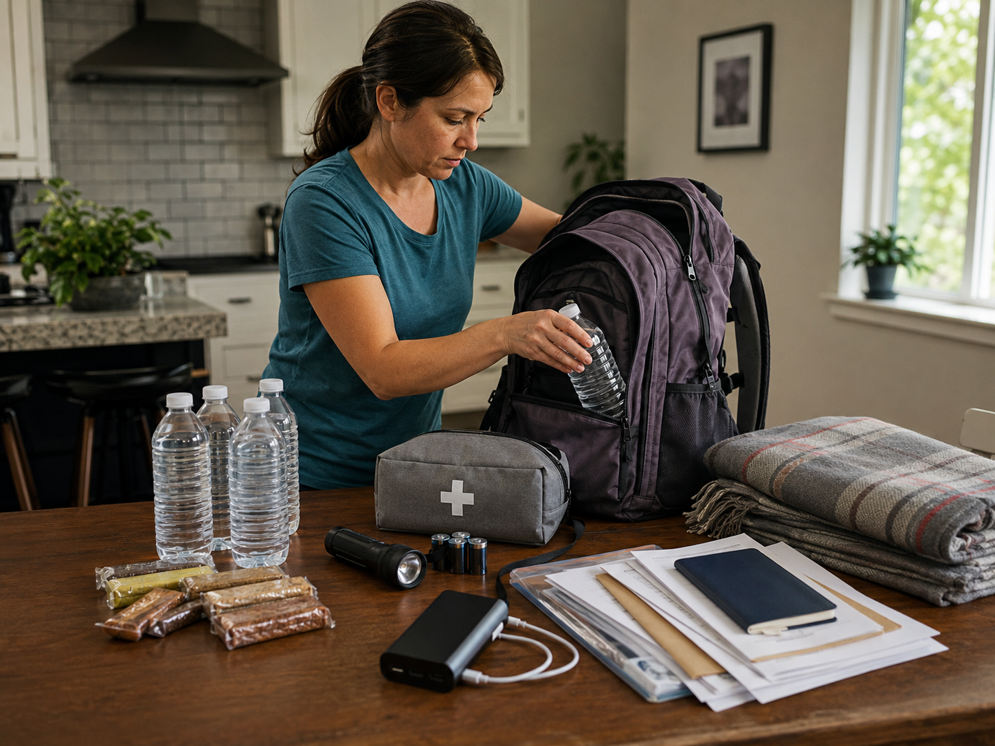 Person packing a practical emergency go bag on a kitchen table with water, food bars, first aid kit, and flashlight