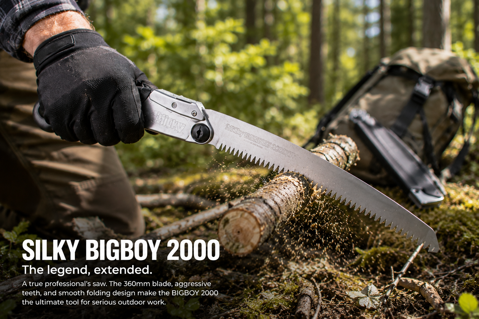 Silky BIGBOY 2000 folding saw cutting through a branch on a sunny woodland trail with wood chips flying and outdoor gear in the background.