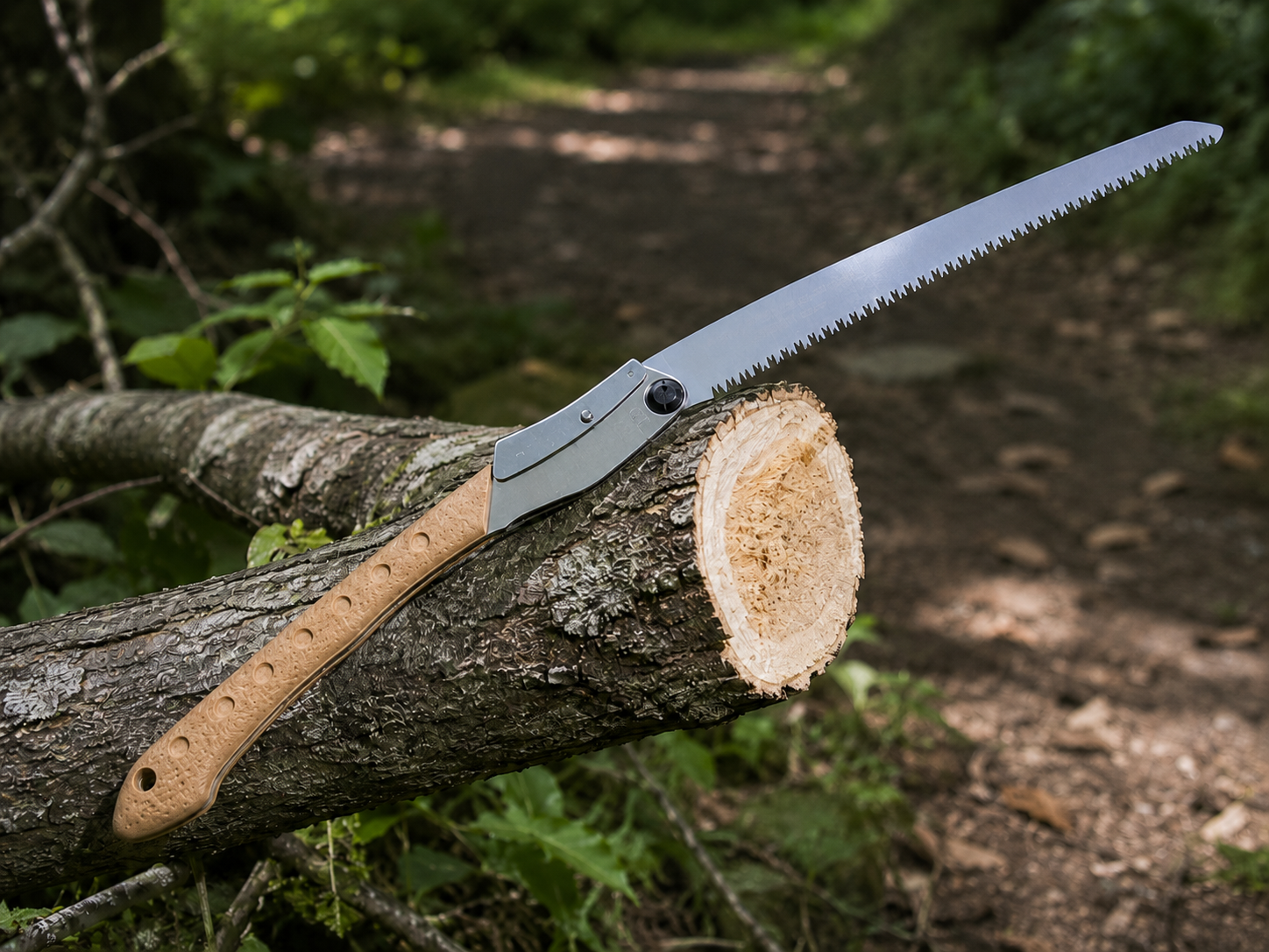 Silky BIGBOY folding saw open on a cut branch on a trail