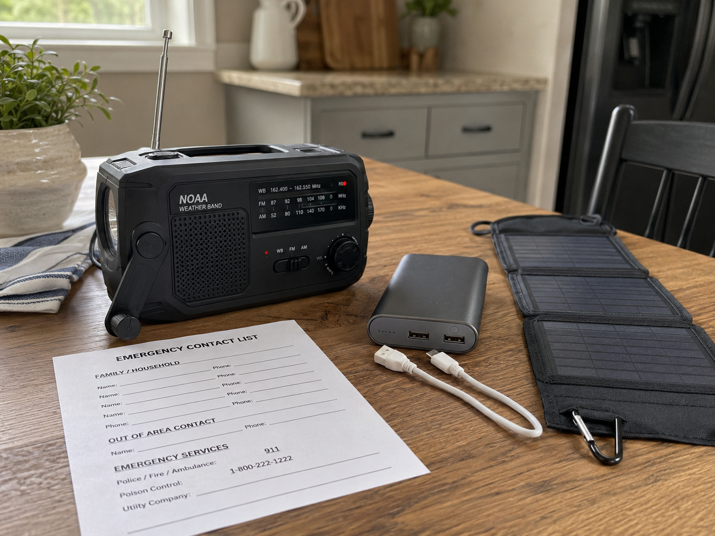 Hand-crank emergency radio and portable power bank on a table with a list of phone numbers