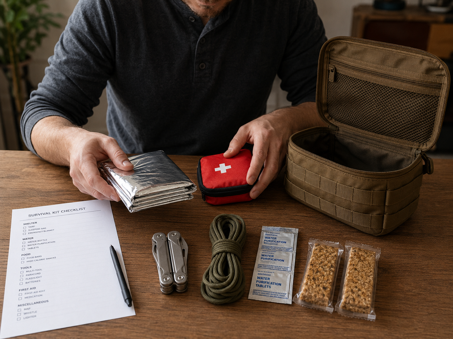 Hands unpacking a retail survival kit on a table, items spread out for inspection