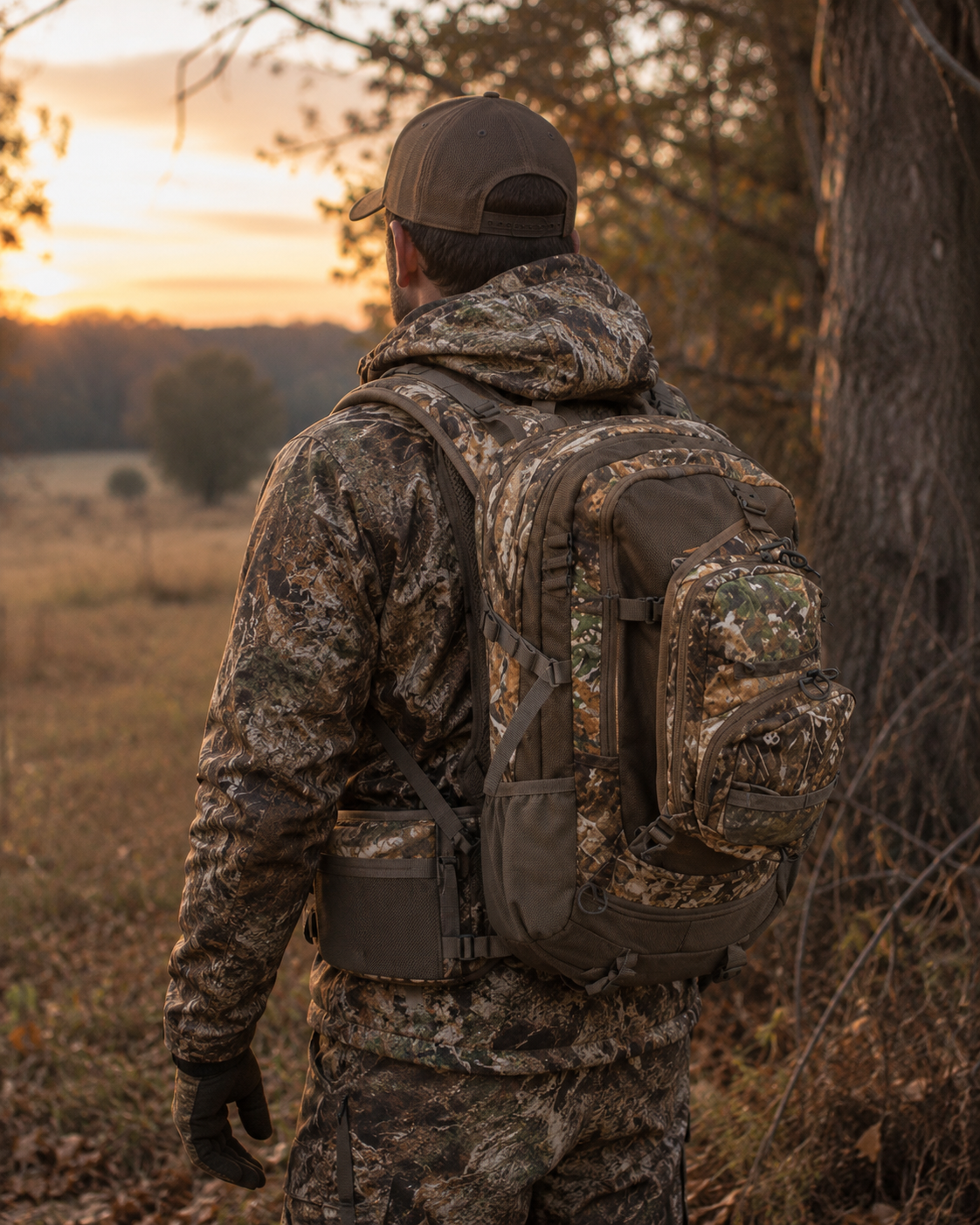 Hunter wearing ALPS OutdoorZ Crossfire pack in Realtree APX, standing in tree line at dawn