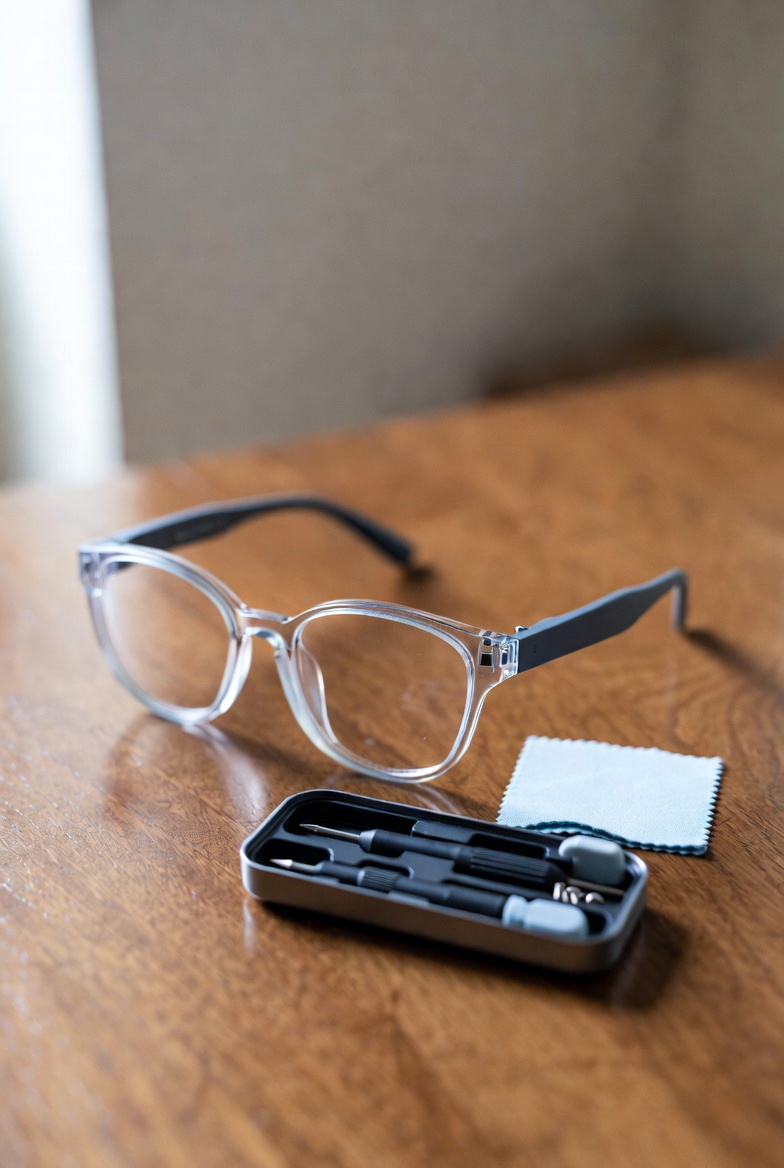 Smart eyeglasses on a table with a small repair kit nearby