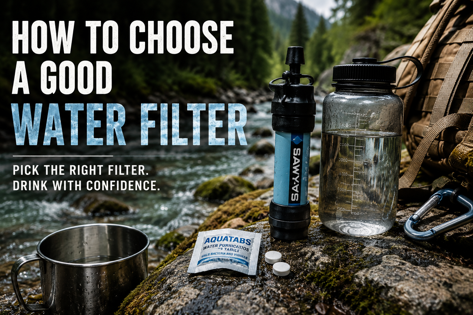 Camping water filter, bottle, purification tablets, metal cup, and backpack beside a clear mountain stream.