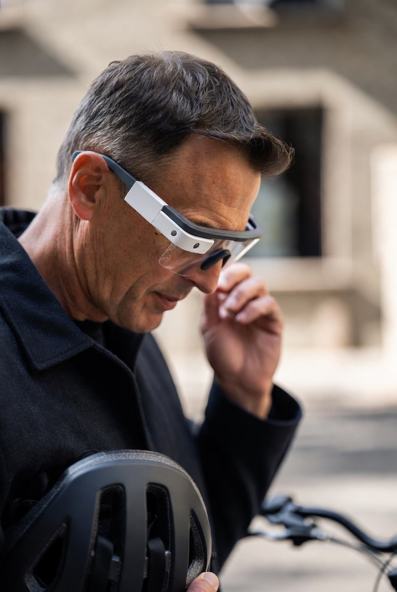 Close-up of a person wearing slim smart glasses, focusing on nose pads and temple fit.