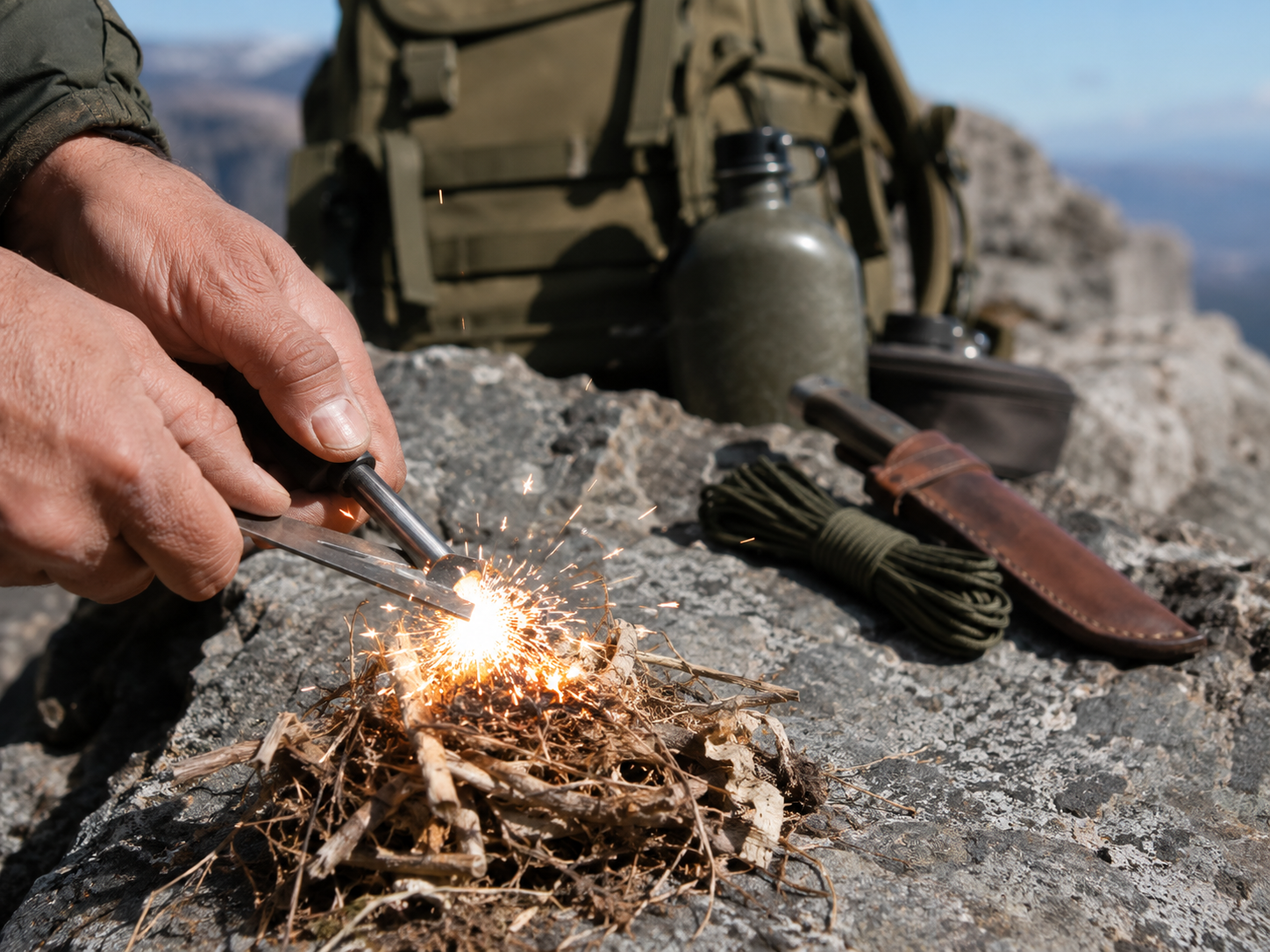 Person scraping a magnesium fire starter to produce sparks over a small tinder pile