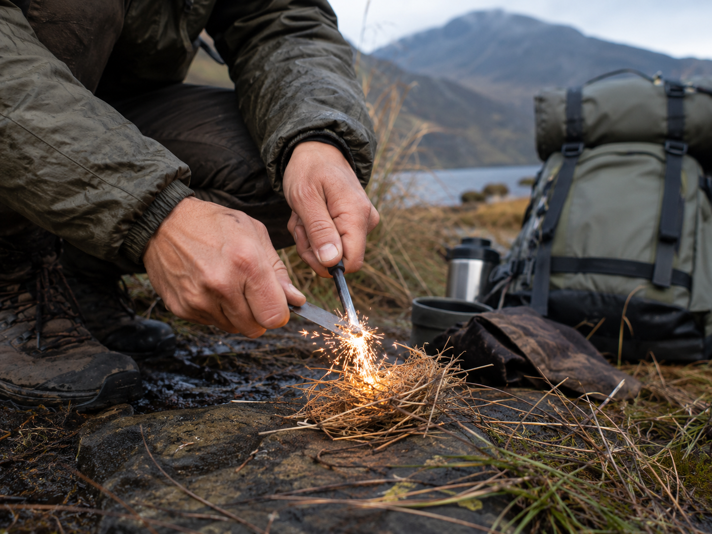 Hiker scraping a magnesium fire rod to light tinder beside a camp stove