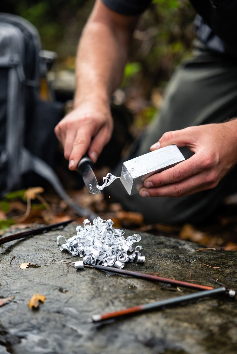 Hand using a magnesium fire rod to create sparks onto tinder in a backpacking setting
