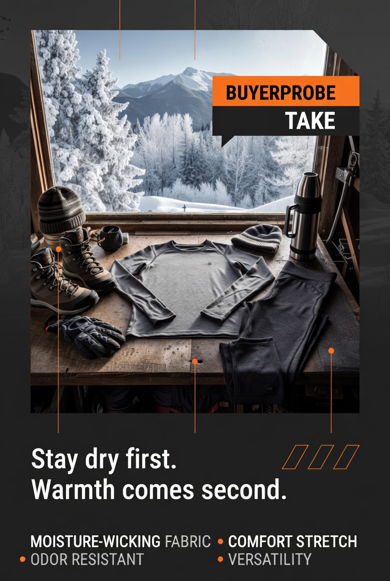 Realistic editorial photo of midweight merino base layer shirt and leggings laid out on a rustic wooden table with hiking boots, gloves, beanie, and thermos. Snowy mountain background. Orange callout box reads 'BUYERPROBE TAKE: Stay dry first. Warmth come