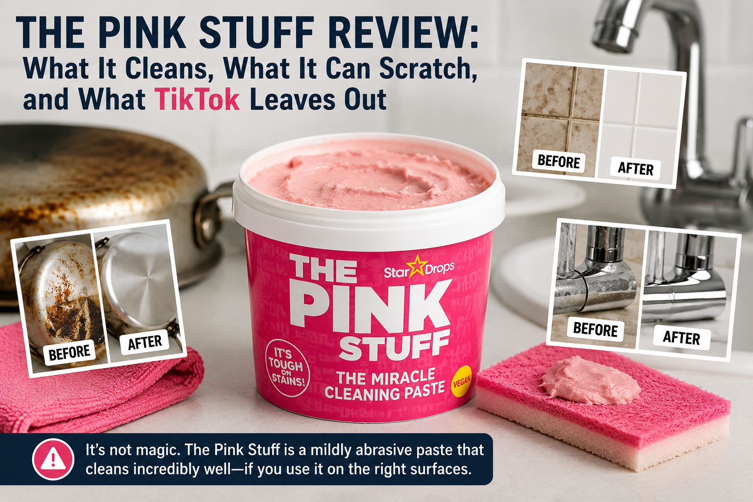 Hero image for a BuyerProbe review of The Pink Stuff cleaning paste, showing a pink cleaning paste tub, sponge, kitchen surfaces, and before-and-after cleaning examples.