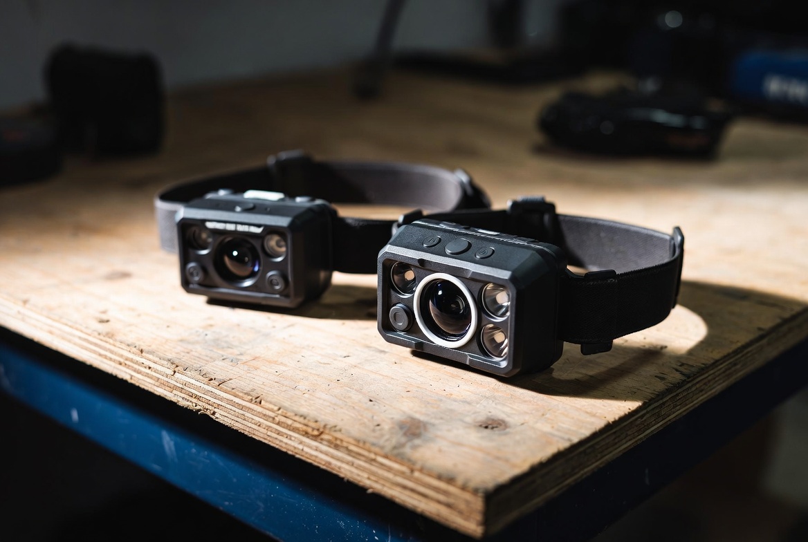 Two rechargeable headlamps side by side on a wooden table, one wider band and one compact body
