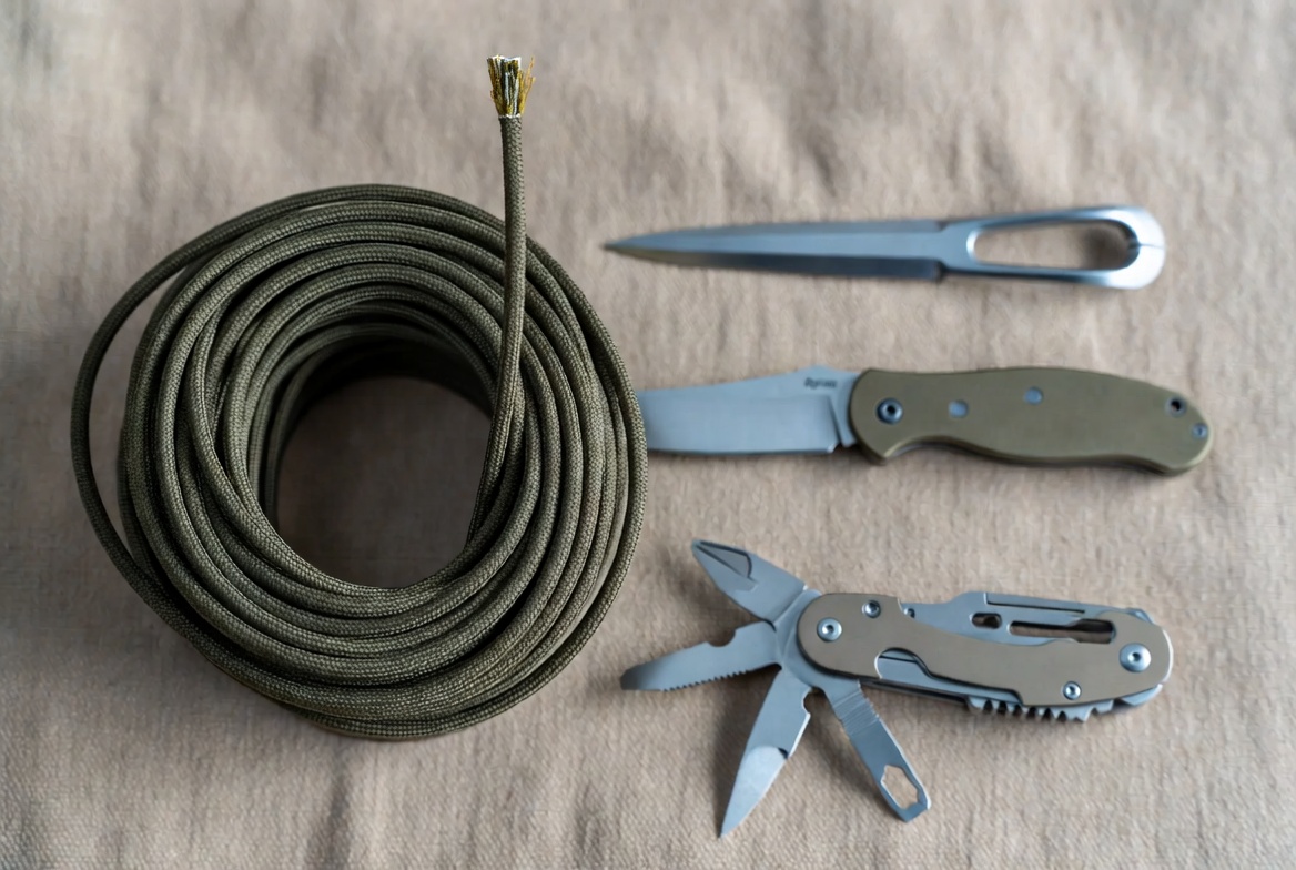 Flat-lay of a coiled olive-drab 550 paracord with exposed inner strands beside a knife, multitool, marlinspike, match tin, and notebook on a neutral canvas.