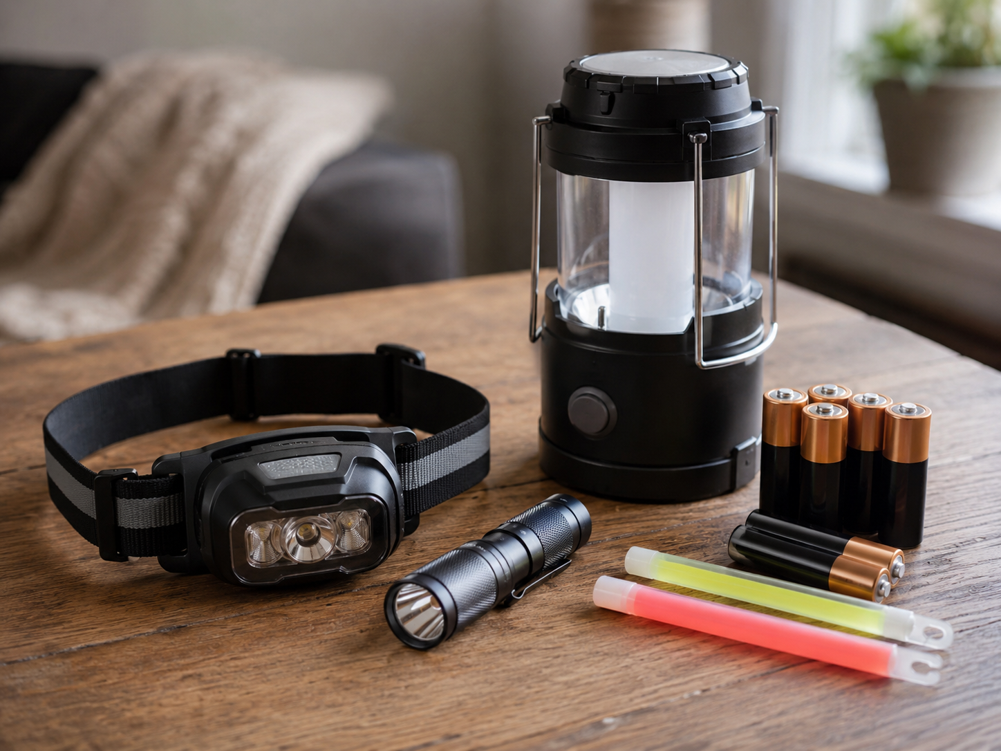 Assortment of emergency lights including headlamp, flashlight, lantern, and glow sticks on a tabletop