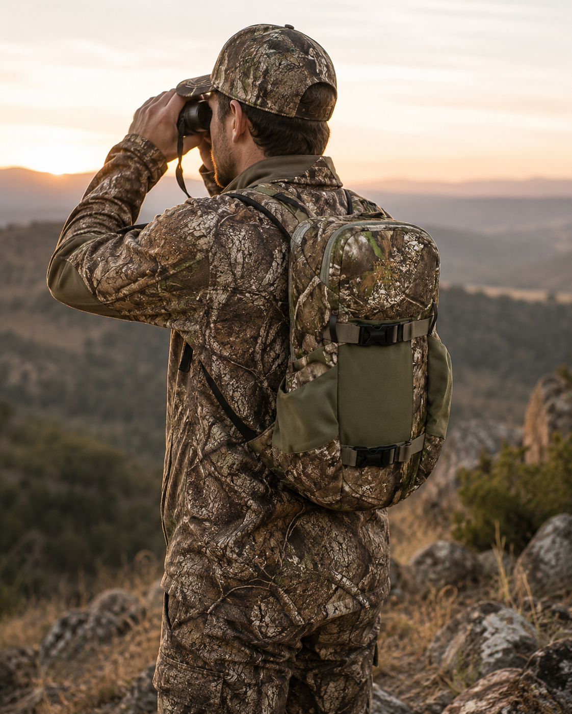 Hunter wearing a camo day pack while glassing from a ridge during sunrise