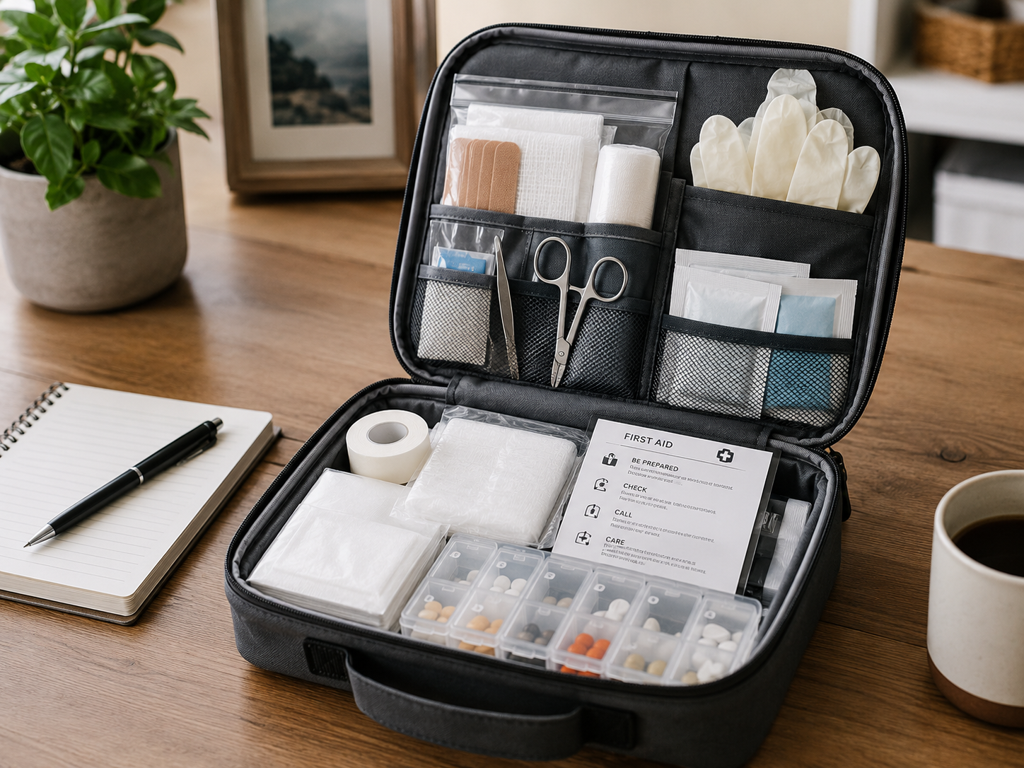 Open first aid kit with bandages, gauze, scissors, gloves, and medication