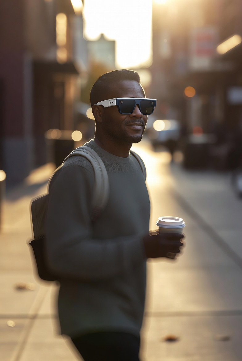 Person wearing smart glasses recording a street scene while commuting with a backpack