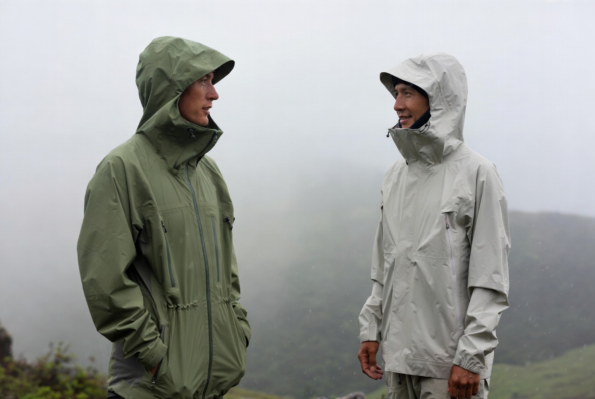 Two hikers wearing different rain jackets on a misty ridge, one in a green Torrentshell-style jacket and one in a slim gray Beta SL–style jacket