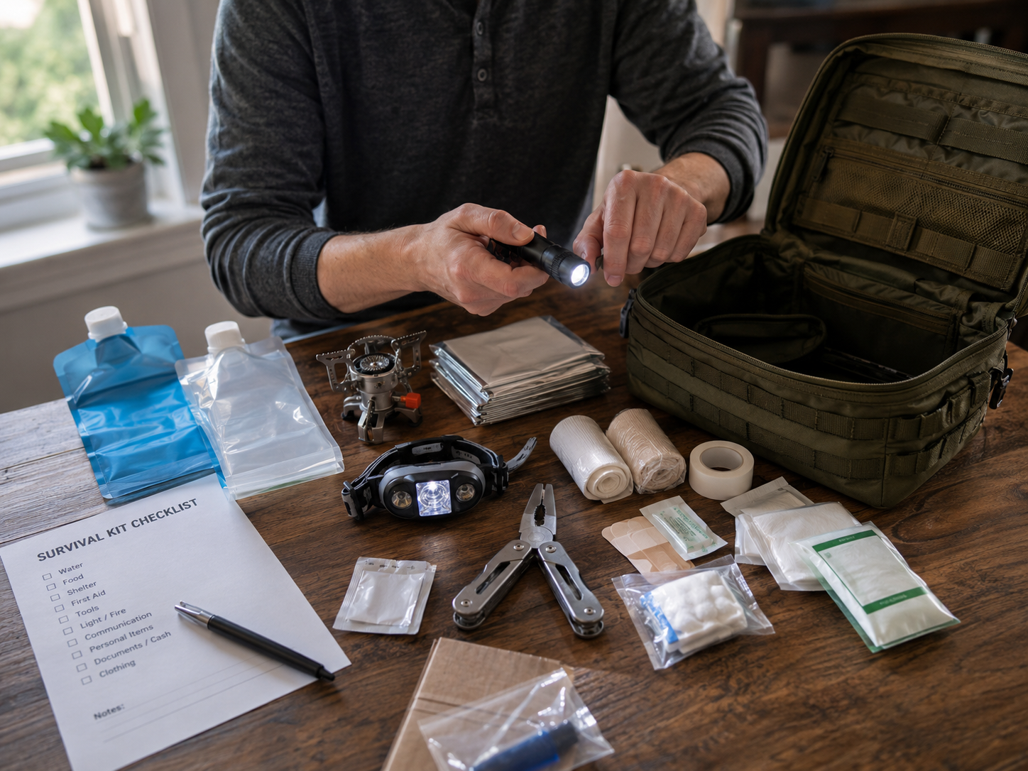 Open survival kit on a table with items laid out for inspection