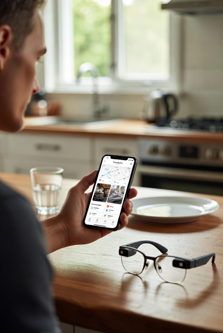Person checking smart glasses app on a smartphone beside a pair of smart glasses with prescription lenses
