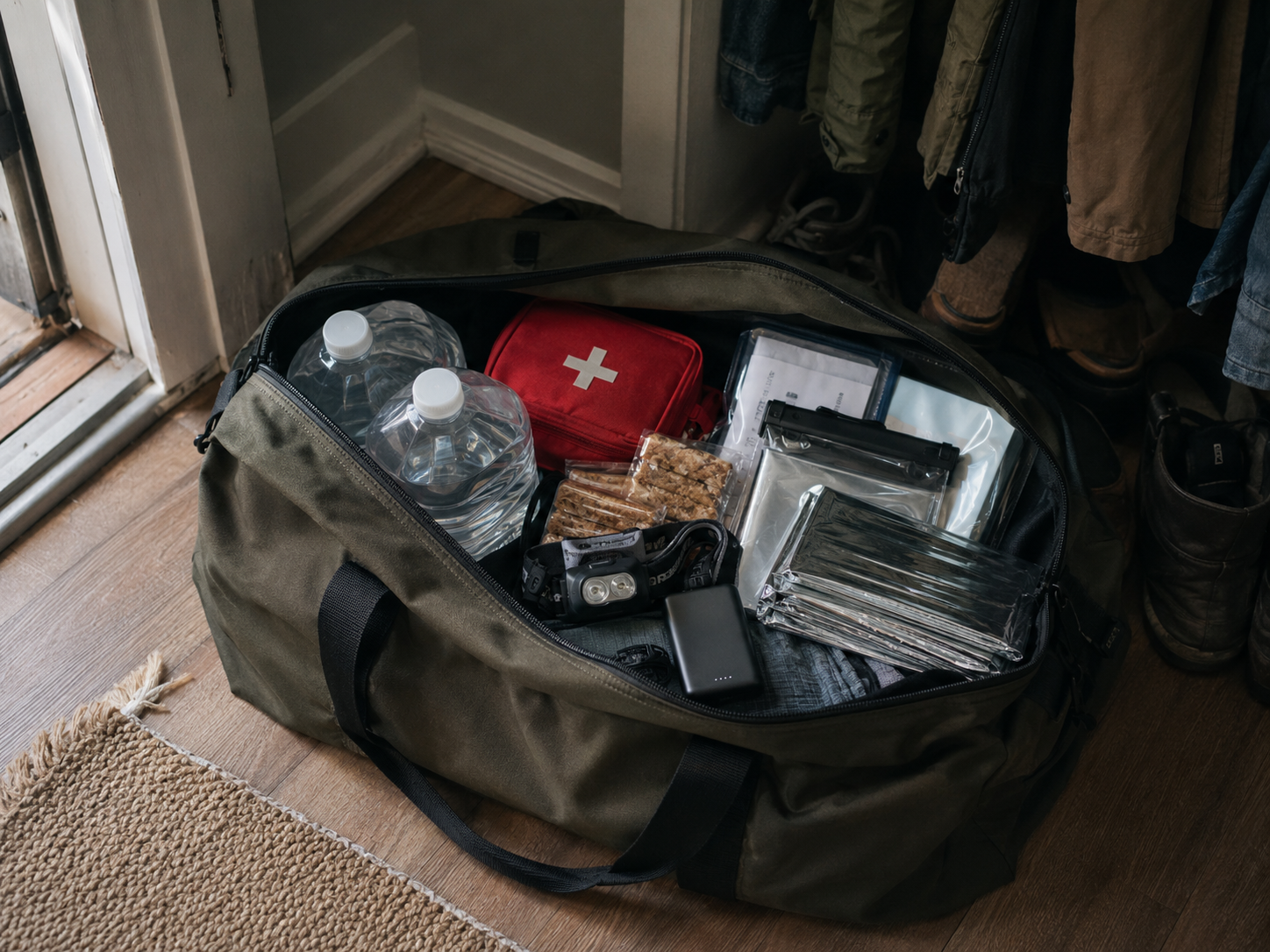 Open duffel bag with emergency supplies like water jugs, first-aid kit, headlamp, and food bars