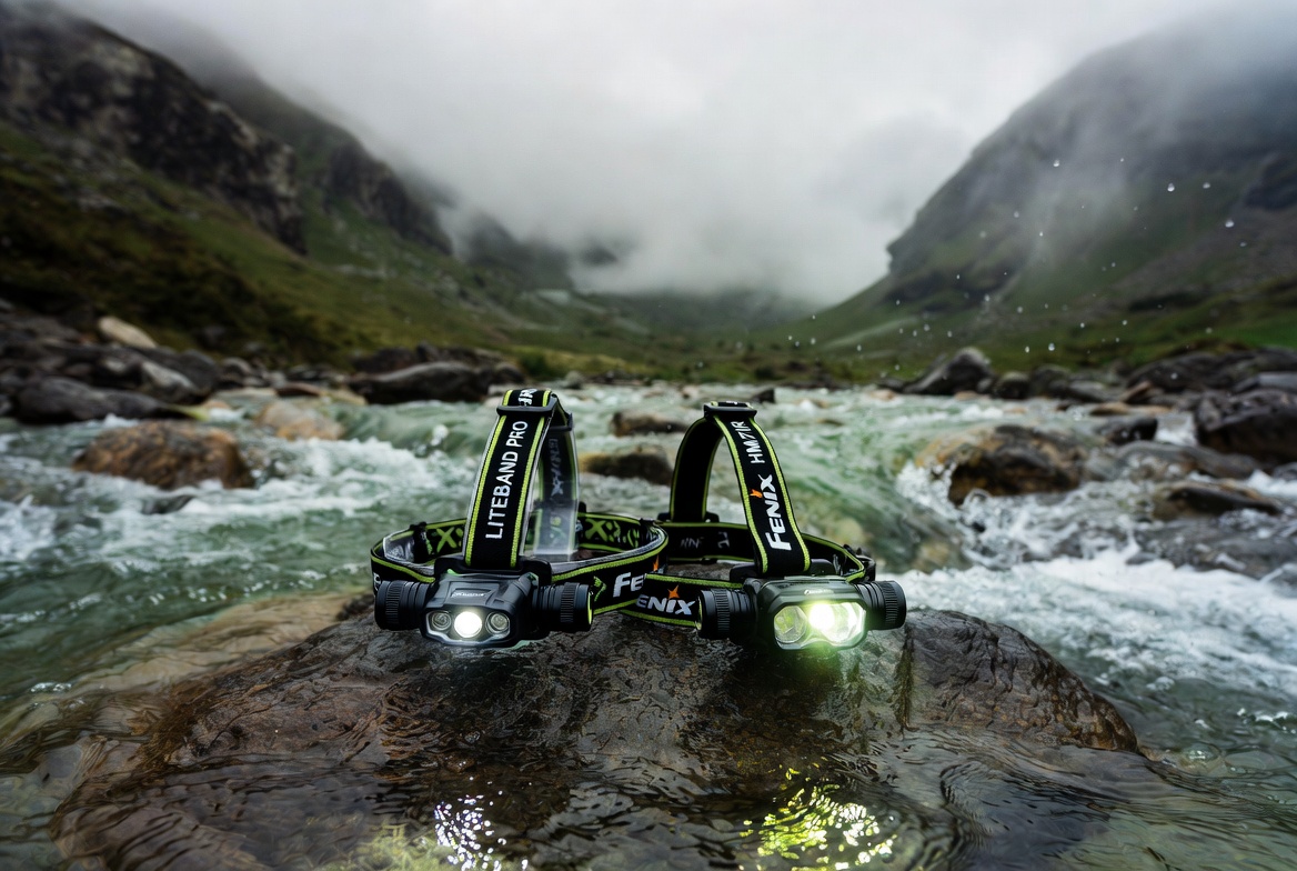 Two premium rechargeable headlamps, LITEBAND PRO and Fenix HM71R, placed on a rock in a flowing mountain stream, with beams illuminated against a dramatic misty mountain backdrop